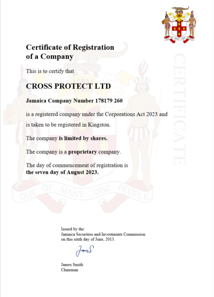 Jamaica certificate of registration Word and PDF template